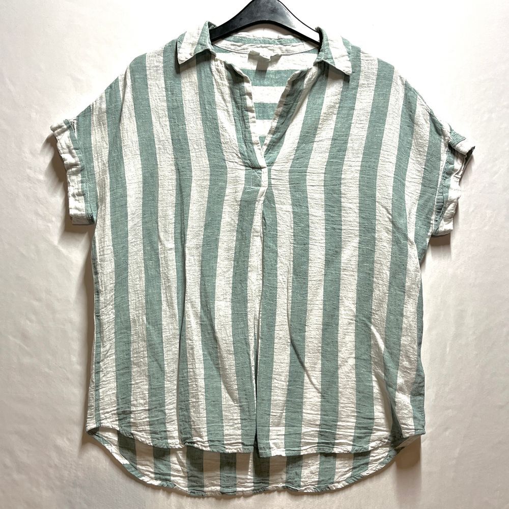 BeachLunchLounge Sage Green Striped Linen Cotton Blend Popover Top Women Medium